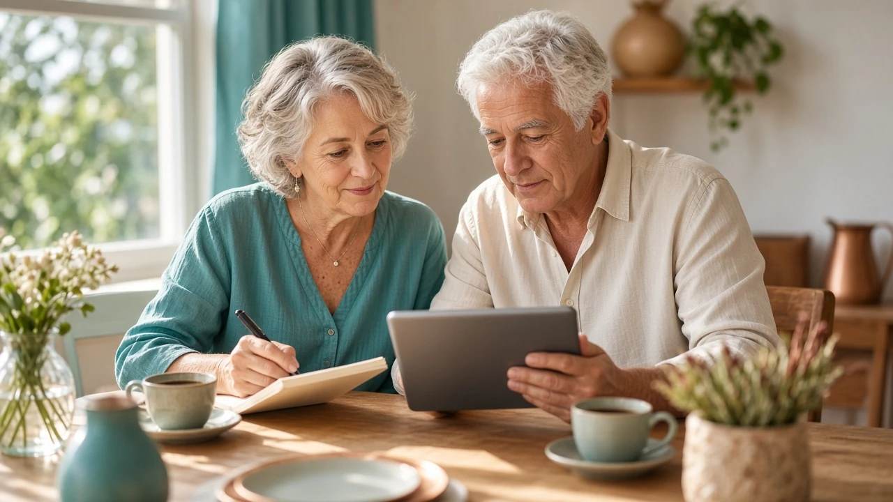 A couple in their late sixties at a sunny dining table, comparing notes on a notepad and a tablet